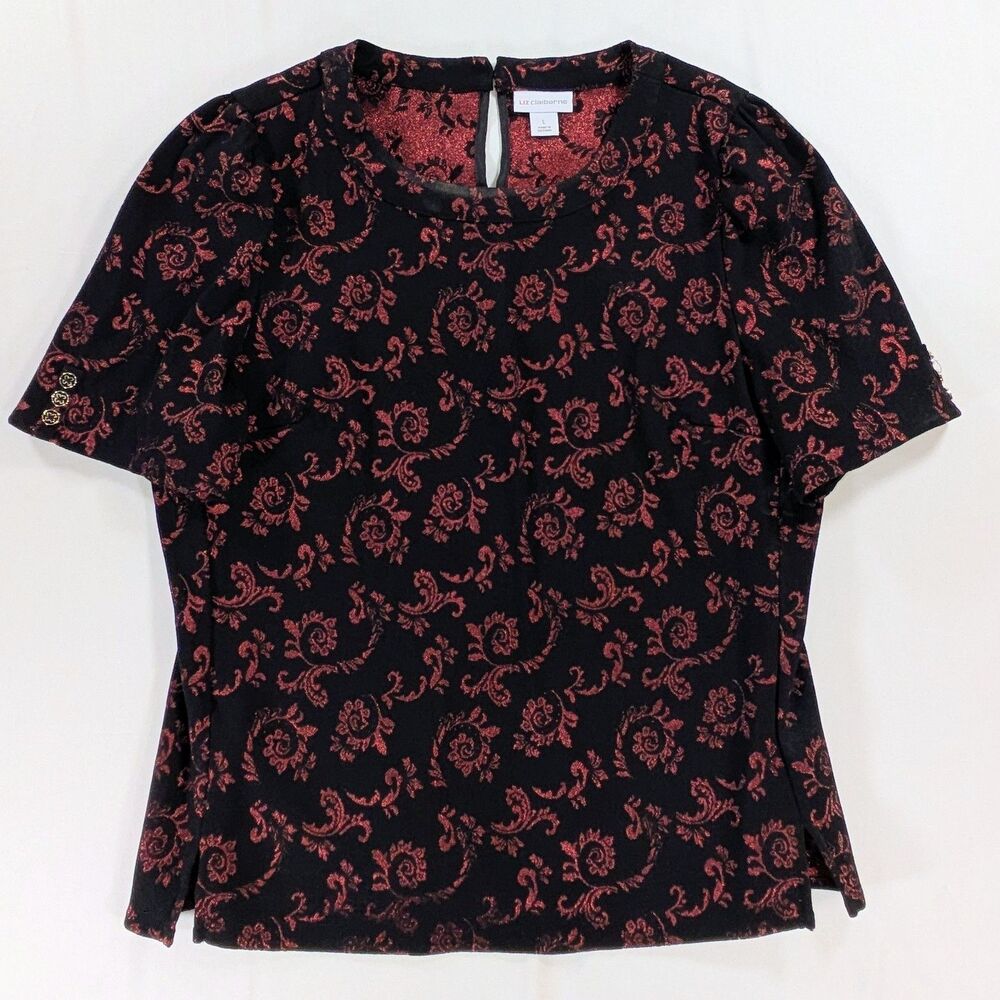 Liz Claiborne Round Neck Black W/ Red Floral Print Short Sleeve Top size Large